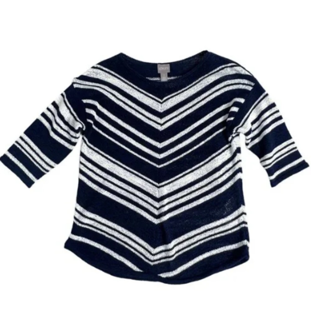 Sporty Chico's Coastal Chevron Stripe Cotton Blend Knit 3/4 Sleeve Sweater M